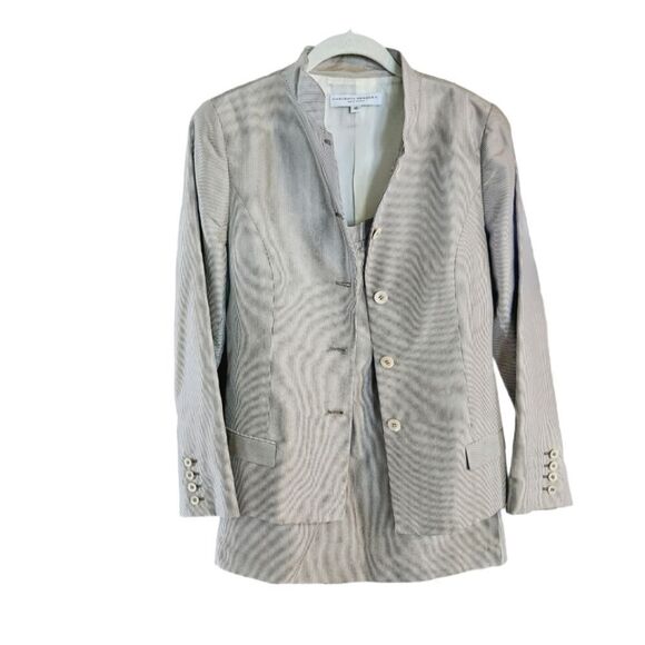Vintage Carolina Herrera 100% Silk Pinstripe 2 Piece Power Suit Skirt Blazer 10 - Picture 1 of 14